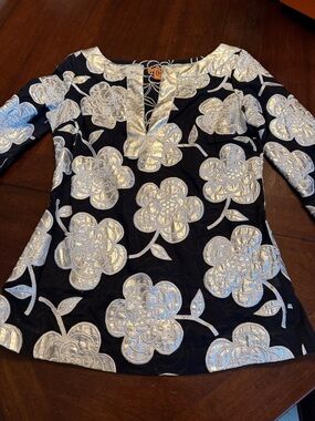 Tory Burch Black Tunic with Silver Floral Embroidery